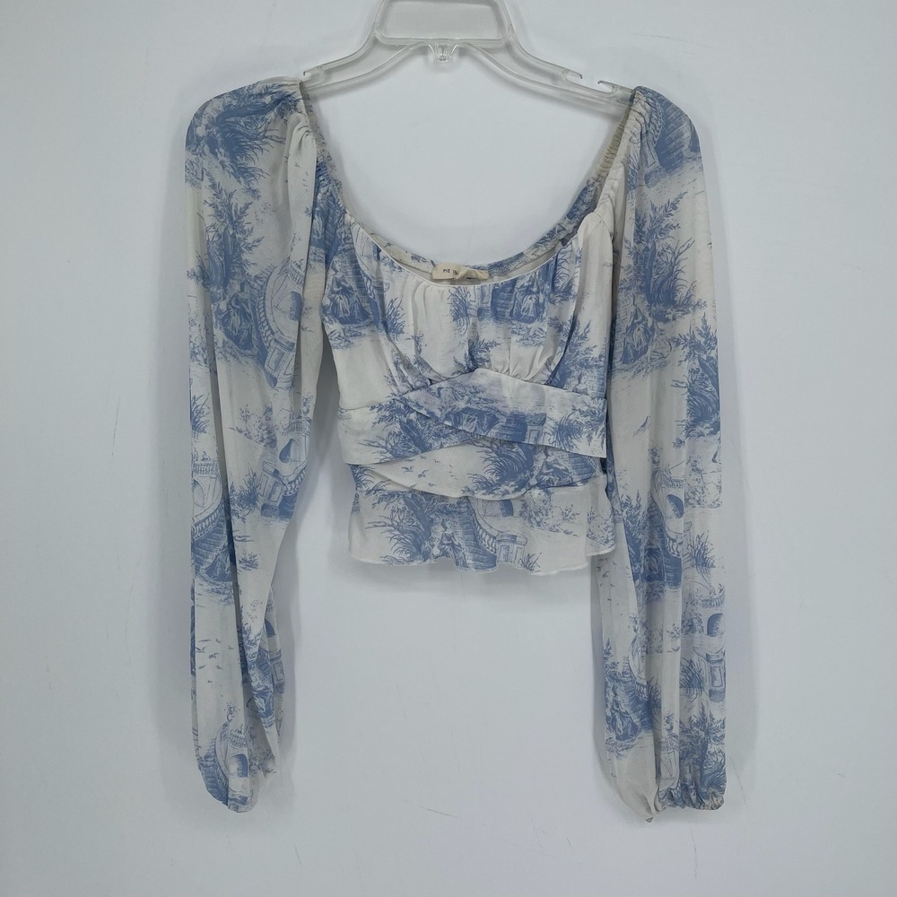 Pie In The Sky Women's Blue Toile Mesh Long Sleeve Coquette Crop Top Size XS
